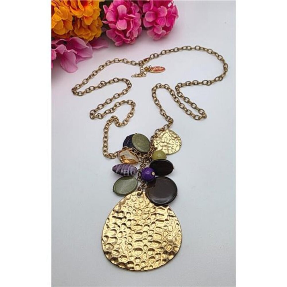 Jules Gold Tone Boho Sweater Necklace Mixed Charm Pendant Rolo Chain 34”